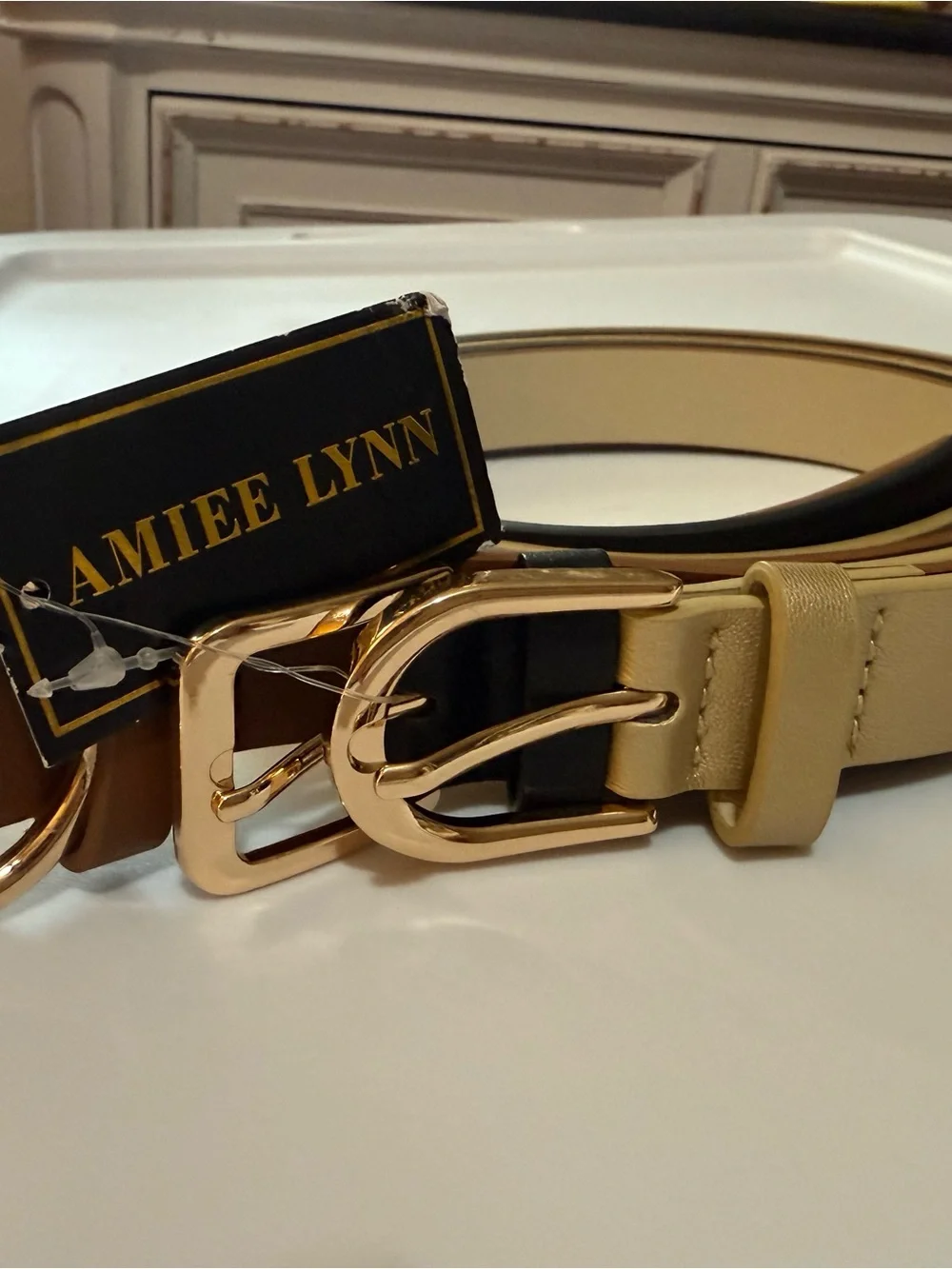 Amiee Lynn Double Buckle Leather Belt - Beige